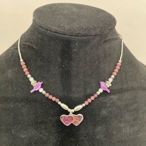 Vintage Amethyst Beads and Purple Hearts Necklace with Bird Accents
